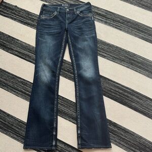 Silver Womens Aiko Mid Rise Boot Cut Dark Wash with Flap Back Pocket Jeans Sz 28